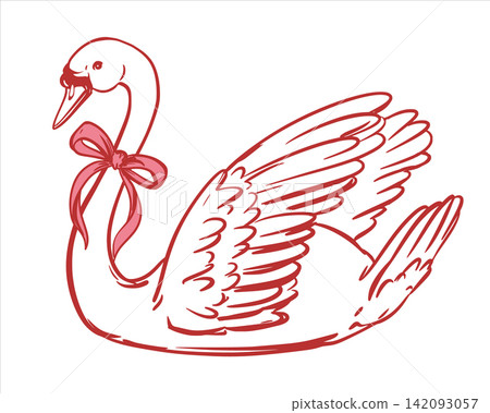 Vector image of swan decorated with a bow. Symbol of love and fidelity, a lifelong marriage. Clipart for Valentine's Day and weddings. Outline drawing of a white swan. Ink line sketch. Coquette style. Vector image of swan decorated with a bow. Symbol of love and fidelity, a lifelong marriage. Clipart for Valentine's Day and weddings. Outline drawing of a white swan. Ink line sketch. Coquette style. 142093057