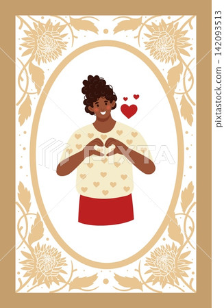 Smiling person making heart. Decorative floral frame and love symbols, romantic greeting card design. Cute hand drawn botanical floral frame ornament. Vector cartoon flat style isolated illustration Smiling person making heart. Decorative floral frame and love symbols, romantic greeting card design. Cute hand drawn botanical floral frame ornament. Vector cartoon flat style isolated illustration 142093513
