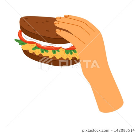 Hand holding sandwich. Fresh burger with bun, sauce, vegetables and filling, fast food meal, fastfood snack, delicious fresh streetfood restaurant menu. Vector cartoon flat style isolated illustration Hand holding sandwich. Fresh burger with bun, sauce, vegetables and filling, fast food meal, fastfood snack, delicious fresh streetfood restaurant menu. Vector cartoon flat style isolated illustration 142093514
