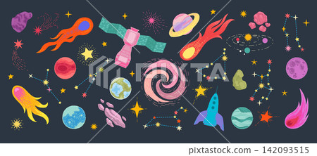 Space doodle. Galaxy childish icon with crayon element. Funky hand drawn planets, stars. Pencil texture cosmic, constellations, asteroid and rocket, satellite. Vector cartoon flat style isolated set Space doodle. Galaxy childish icon with crayon element. Funky hand drawn planets, stars. Pencil texture cosmic, constellations, asteroid and rocket, satellite. Vector cartoon flat style isolated set 142093515
