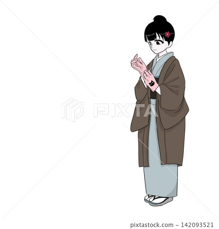 A woman in a kimono wearing gloves, getting ready for an outing in early winter. A woman in a kimono wearing gloves, getting ready for an outing in early winter. 142093521