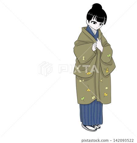 A woman in a kimono fastening the front of her haori jacket; early winter attire. A woman in a kimono fastening the front of her haori jacket; early winter attire. 142093522