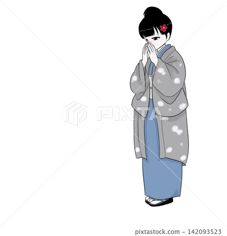 A woman in a kimono warms her hands with her breath, evoking the image of the bitter cold of mid-winter. A woman in a kimono warms her hands with her breath, evoking the image of the bitter cold of mid-winter. 142093523