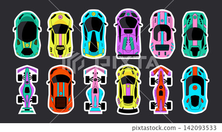 Sport car. Race cartoon racer, top view. Road rally vehicle. Retro model auto, winner team. Colorful icon app for motorcar game. Motorcar championship labels and stickers. Vector garish illustration Sport car. Race cartoon racer, top view. Road rally vehicle. Retro model auto, winner team. Colorful icon app for motorcar game. Motorcar championship labels and stickers. Vector garish illustration 142093533