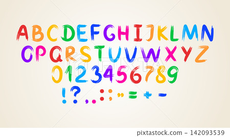 Childish alphabet. Crayon pastel font. Colors cute kids doodle. Hand drawn number. School texture cartoon. Colorful playful typography for children. Vector garish sketch isolated creative elements set 142093539