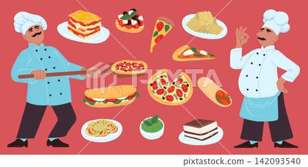 Italian cuisine. Chef cooks pizza, pasta, lasagna with dishes. Food sticker. Spaghetti with tomato, parmesan. Traditional menu, culinary ingredients serving. Vector cartoon flat style isolated set 142093540