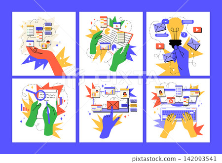 Online education card. School learning on internet. Technology school in network. Concept poster web study, app computer course. Vector garish template, cartoon flat style isolated modern illustration 142093541