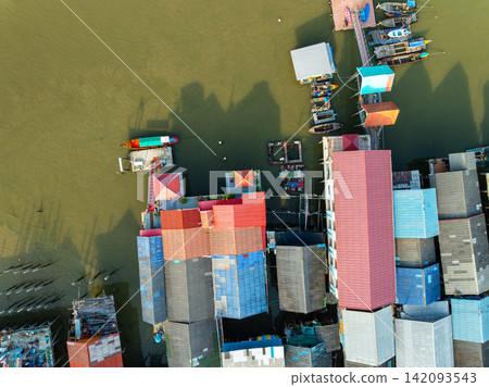 Aerial view of Panyee island in Phang Nga Thailand,Wide angle landscape Floating village, Koh Panyee fishing village island in Phang Nga, Thailand 142093543