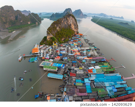 Aerial view of Panyee island in Phang Nga Thailand,Wide angle landscape Floating village, Koh Panyee fishing village island in Phang Nga, Thailand 142093629