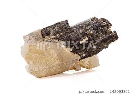 Macro of a stone wolframite mineral quartz fluorite on a white background Macro of a stone wolframite mineral quartz fluorite on a white background 142093861