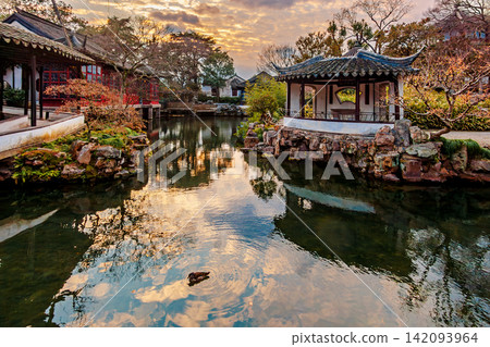 Pond scenery of Humble Administrator's Garden, classical Suzhou garden with waterside pavilion and water reflection at sunset, Jiangsu China Pond scenery of Humble Administrator's Garden, classical Suzhou garden with waterside pavilion and water reflection at sunset, Jiangsu China 142093964