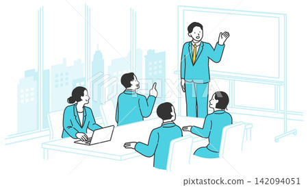 A man giving a presentation using a whiteboard in a casual office setting, and a meeting scene. A man giving a presentation using a whiteboard in a casual office setting, and a meeting scene. 142094051