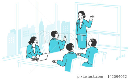 A woman gives a presentation pointing to a whiteboard in a conference room, while her team exchanges opinions. A woman gives a presentation pointing to a whiteboard in a conference room, while her team exchanges opinions. 142094052