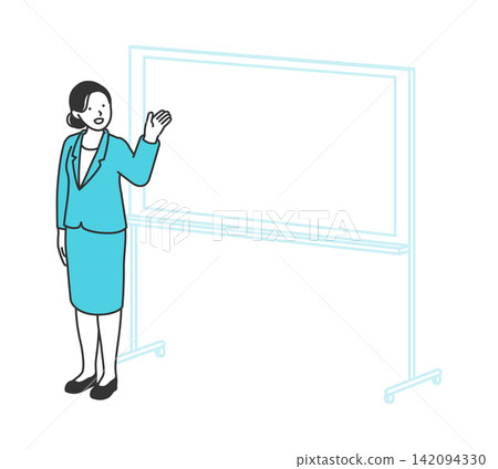 A businesswoman giving a pointing presentation or explanation in front of a whiteboard. A businesswoman giving a pointing presentation or explanation in front of a whiteboard. 142094330