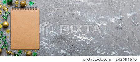 Christmas blank greeting card mock-up scene. Creative layout made of Christmas toy and paper card note. Flat lay. Nature New Year concept 142094670