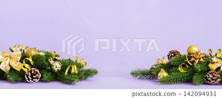 New Year Christmas tree toy, branches of a christmas tree, New Year decorations on a colored background New Year Christmas tree toy, branches of a christmas tree, New Year decorations on a colored background 142094931