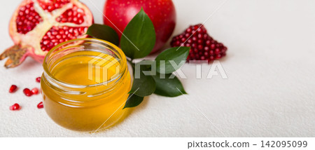 Flat lay composition with symbols jewish Rosh Hashanah holiday attributes on colored background, Rosh hashanah concept. New Year holiday Traditional. Top view with copy space Flat lay composition with symbols jewish Rosh Hashanah holiday attributes on colored background, Rosh hashanah concept. New Year holiday Traditional. Top view with copy space 142095099