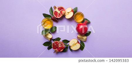 Rosh hashanah concept. Frame made of symbols jewish New Year holiday Traditional. Top view with copy space Rosh hashanah concept. Frame made of symbols jewish New Year holiday Traditional. Top view with copy space 142095383