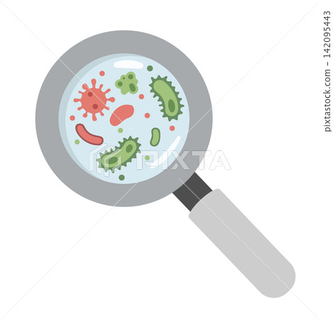 Magnifying glass viewing colorful bacteria germs Magnifying glass viewing colorful bacteria germs 142095443
