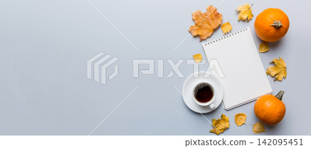Autumn composition: fallen leaves and notebook mock up on colored background. Top view. Flat lay with copy space Autumn composition: fallen leaves and notebook mock up on colored background. Top view. Flat lay with copy space 142095451