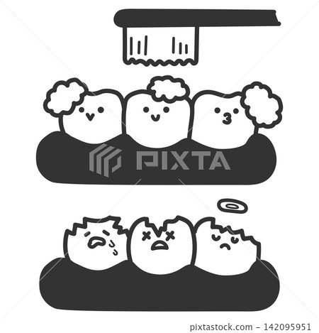 牙齦中健康牙齒和齲齒的示意圖 牙齦中健康牙齒和齲齒的示意圖 142095951