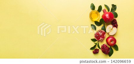 Flat lay composition with symbols jewish Rosh Hashanah holiday attributes on colored background, Rosh hashanah concept. New Year holiday Traditional. Top view with copy space Flat lay composition with symbols jewish Rosh Hashanah holiday attributes on colored background, Rosh hashanah concept. New Year holiday Traditional. Top view with copy space 142096659