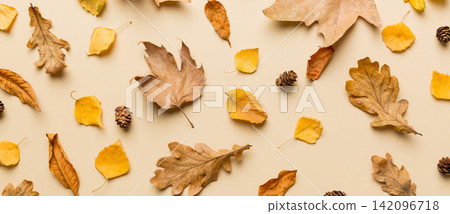 Autumn composition. Pattern made of dried leaves and other design accessories on table. Flat lay, top view 142096718