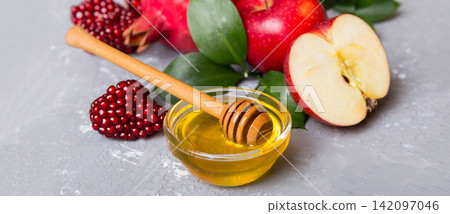 Flat lay composition with symbols jewish Rosh Hashanah holiday attributes on colored background, Rosh hashanah concept. New Year holiday Traditional. Top view with copy space Flat lay composition with symbols jewish Rosh Hashanah holiday attributes on colored background, Rosh hashanah concept. New Year holiday Traditional. Top view with copy space 142097046