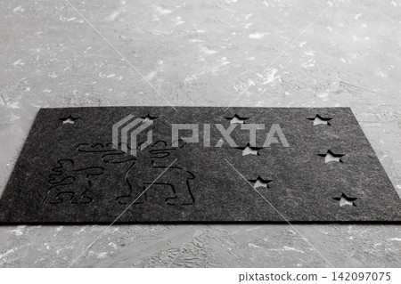 Perspective view of grey tablecloth for food on cement background. Empty space for your design Perspective view of grey tablecloth for food on cement background. Empty space for your design 142097075