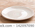 Perspective view of empty colorful plate on wooden background. Empty space for your design 142097090