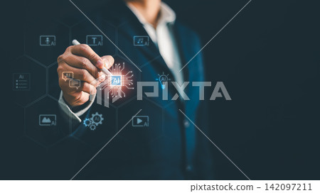 Businessman using stylus pen touching glowing AI chip icon with multimedia content creation icons on digital screen. Concept for generative artificial intelligence, machine learning, technology Businessman using stylus pen touching glowing AI chip icon with multimedia content creation icons on digital screen. Concept for generative artificial intelligence, machine learning, technology 142097211