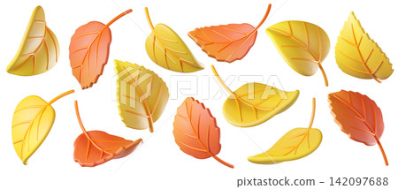 Set of 3d falling colorful autumn leaves in yellow and orange isolated on background, perfect for seasonal design, greeting cards, decor, scrapbooking, and festive branding.3d render Set of 3d falling colorful autumn leaves in yellow and orange isolated on background, perfect for seasonal design, greeting cards, decor, scrapbooking, and festive branding.3d render 142097688