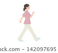 Full-body illustration of a nurse, facing right, walking pose, hand-drawn, simple. 142097695
