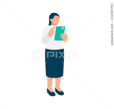 An illustration of a female business person using a smartphone to operate apps and tools. An illustration of a female business person using a smartphone to operate apps and tools. 142097704