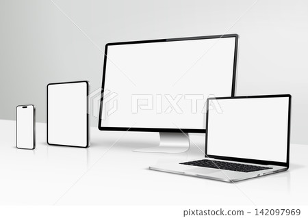 Computer screen, laptop, tablet, smartphone on a table Computer screen, laptop, tablet, smartphone on a table 142097969