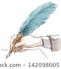 A watercolor illustration of a right hand holding a blue quill pen with gold decorations. 142098005