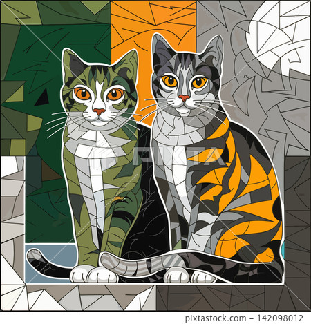 The illustration depicts two cats rendered in a stained-glass or mosaic style The illustration depicts two cats rendered in a stained-glass or mosaic style 142098012