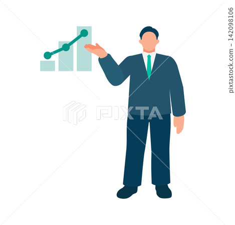 An illustration of a businessman pointing to and explaining an upward performance graph. Ideal for presentations on growth and increased sales. An illustration of a businessman pointing to and explaining an upward performance graph. Ideal for presentations on growth and increased sales. 142098106