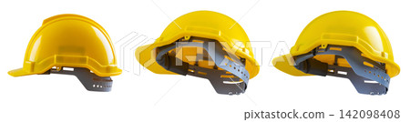 Yellow safety construction helmet set isolated on white background Yellow safety construction helmet set isolated on white background 142098408