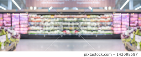 Grocery store aisle and shelves interior blurred background Grocery store aisle and shelves interior blurred background 142098587