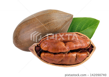 broken pecan nut isolated on white background with full depth of field broken pecan nut isolated on white background with full depth of field 142098740