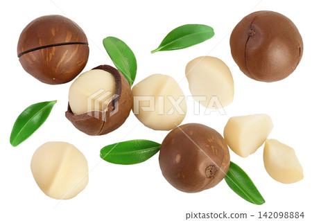 macadamia nuts isolated on white background with full depth of field. Top view with copy space for your text.. Flat lay. macadamia nuts isolated on white background with full depth of field. Top view with copy space for your text.. Flat lay. 142098884