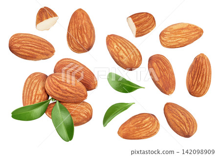Almonds nuts with leaves isolated on white background with full depth of field. Top view. Flat lay. 142098909