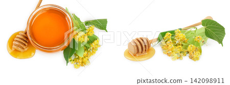 Honey with linden flowers isolated on white background. Honey with linden flowers isolated on white background. 142098911