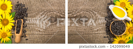 Sunflower seeds and flower on wooden background with copy space for your text. Top view Sunflower seeds and flower on wooden background with copy space for your text. Top view 142099049