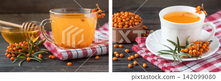 Tea of sea-buckthorn berries with honey and a branch on wooden background Tea of sea-buckthorn berries with honey and a branch on wooden background 142099080