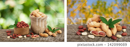 peanuts with leaf in bag on old on wooden table with a blurry garden background peanuts with leaf in bag on old on wooden table with a blurry garden background 142099089