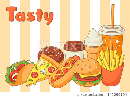 Corner with fast food meal. Tasty fastfood lunch products. Corner with fast food meal. Tasty fastfood lunch products. 142099104