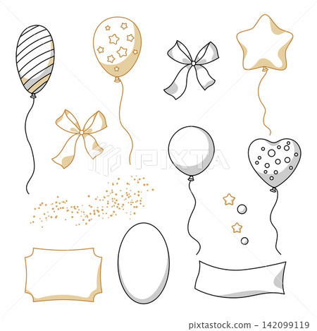 Set of fly balloons and decor. Decoration for celebration. Linear illustration. 142099119