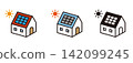 A solar panel icon. A house with solar panels. A home with self-generated power. 142099245